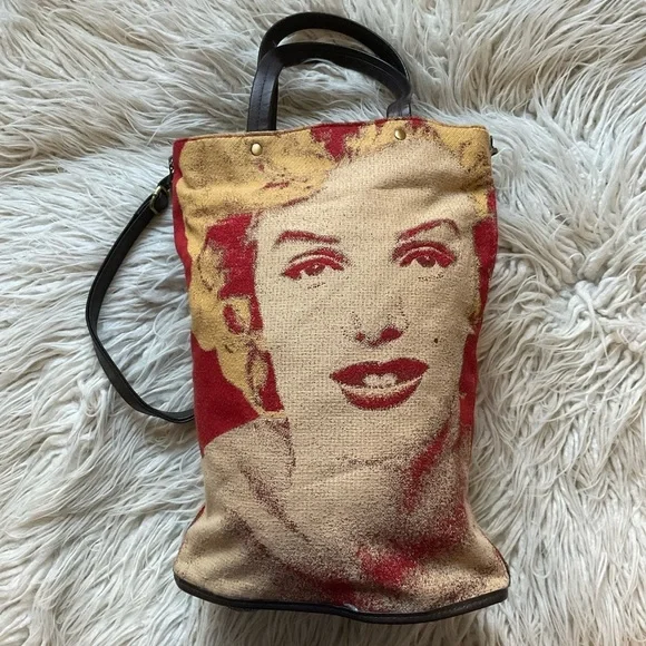Desigual X Christian Marilyn Monroe Tan Fabric Expandable Crossbody Tote Bag EUC